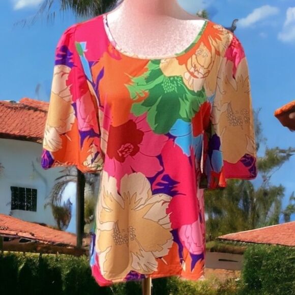 SHEIN NEW BOHO WOMENS LARGE TOP BLOUSE FLOUNCE SLEEVES BRIGHT FLORAL LARGE - Picture 4 of 8